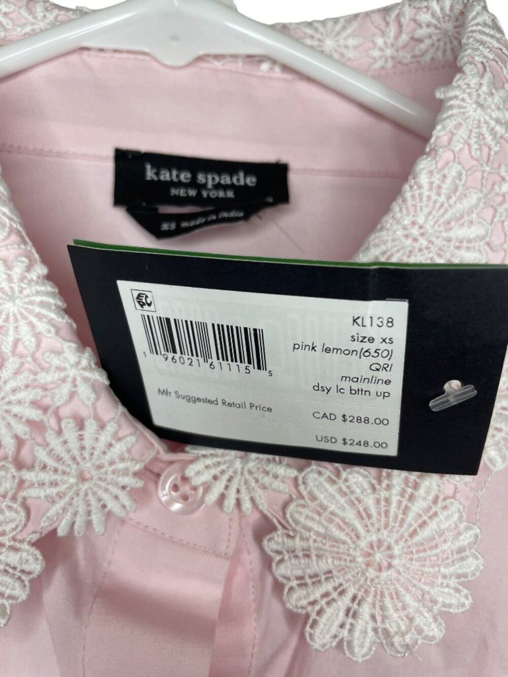 Kate Spade Pink Lemon XS  Shirt Embroidered Floral Collar Sz XS $248 DEFECT - Picture 5 of 7